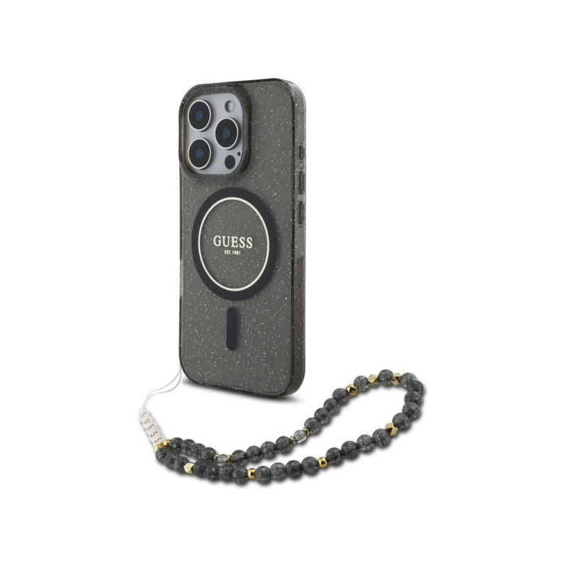 Guess IML Glitter su perlamutriniu dirželiu MagSafe dėklas, skirtas iPhone 16 Pro Max - juodas