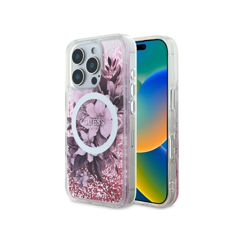 Guess Liquid Glitter Flower MagSafe dėklas iPhone 16 Pro Max - rožinis