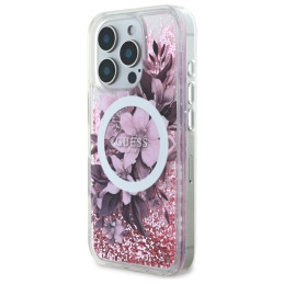 Guess Liquid Glitter Flower MagSafe dėklas iPhone 16 Pro Max - rožinis