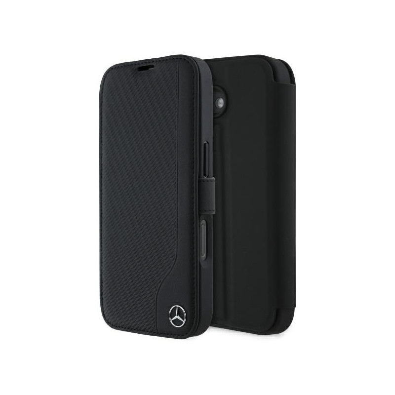 Mercedes Leather Wood Imitation dėklas iPhone 16 - juodas
