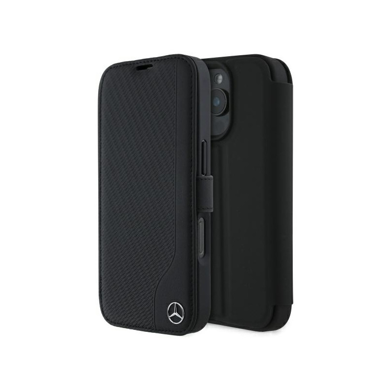 Mercedes Leather Wood Imitation dėklas iPhone 16 Pro Max - juodas