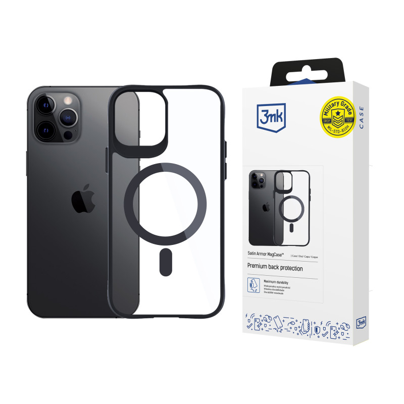 3mk Satin Armor MagCase dėklas su MagSafe, skirtas iPhone 12 Pro Max - skaidrus su juodu rėmeliu