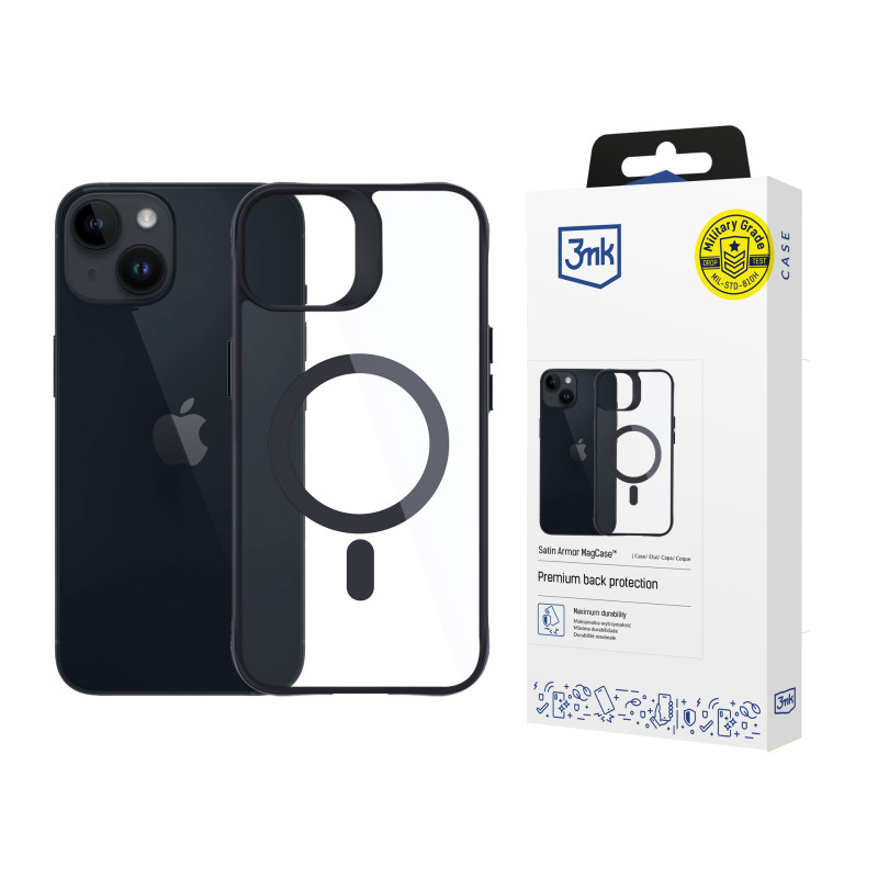 3mk Satin Armor MagCase dėklas su MagSafe, skirtas iPhone 13/ 14 - skaidrus su juodu rėmeliu