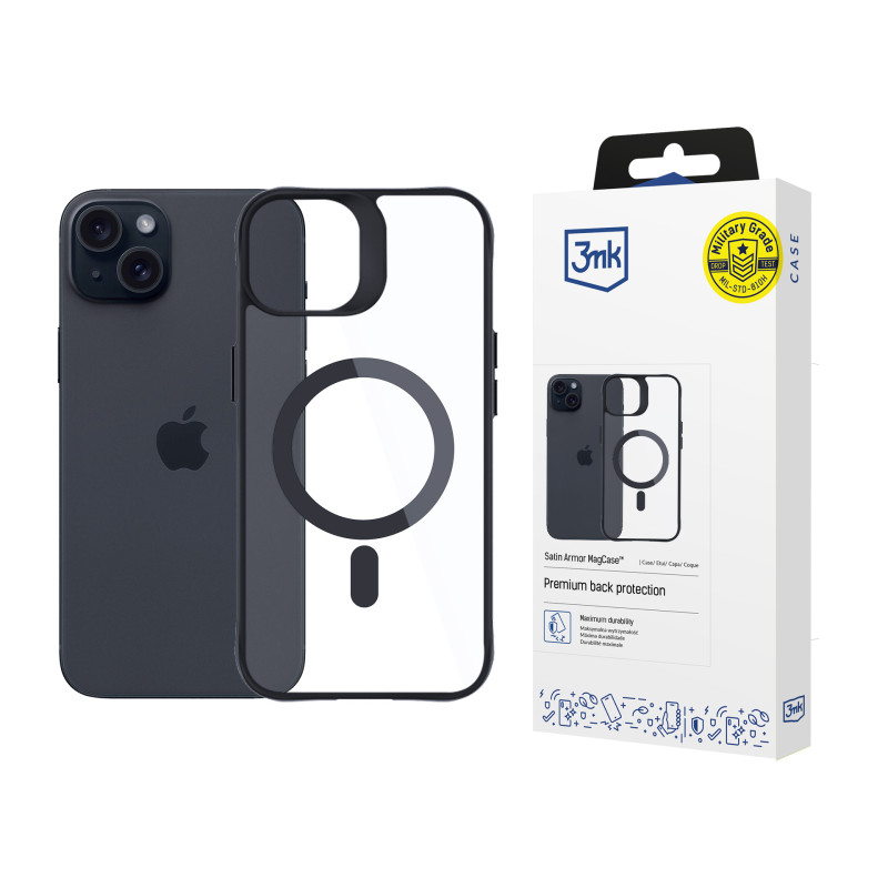 3mk Satin Armor MagCase dėklas su MagSafe, skirtas iPhone 15 Plus - skaidrus su juodu rėmeliu