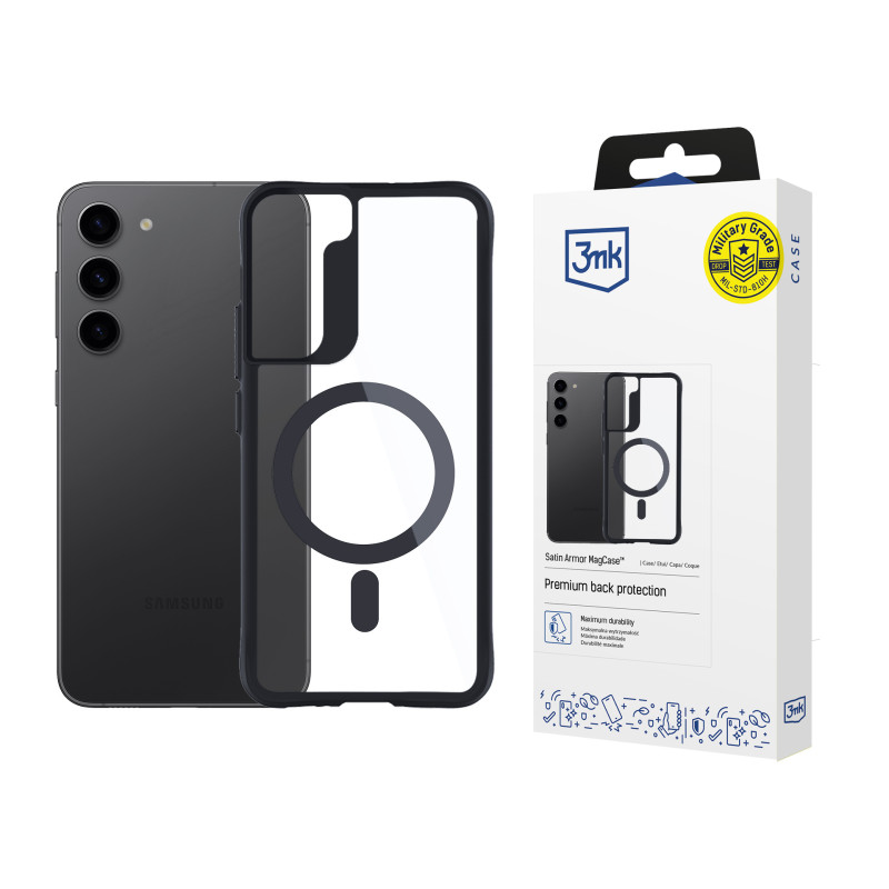 3mk Satin Armor MagCase dėklas su MagSafe, skirtas Samsung Galaxy S23+ - skaidrus su juodu rėmeliu