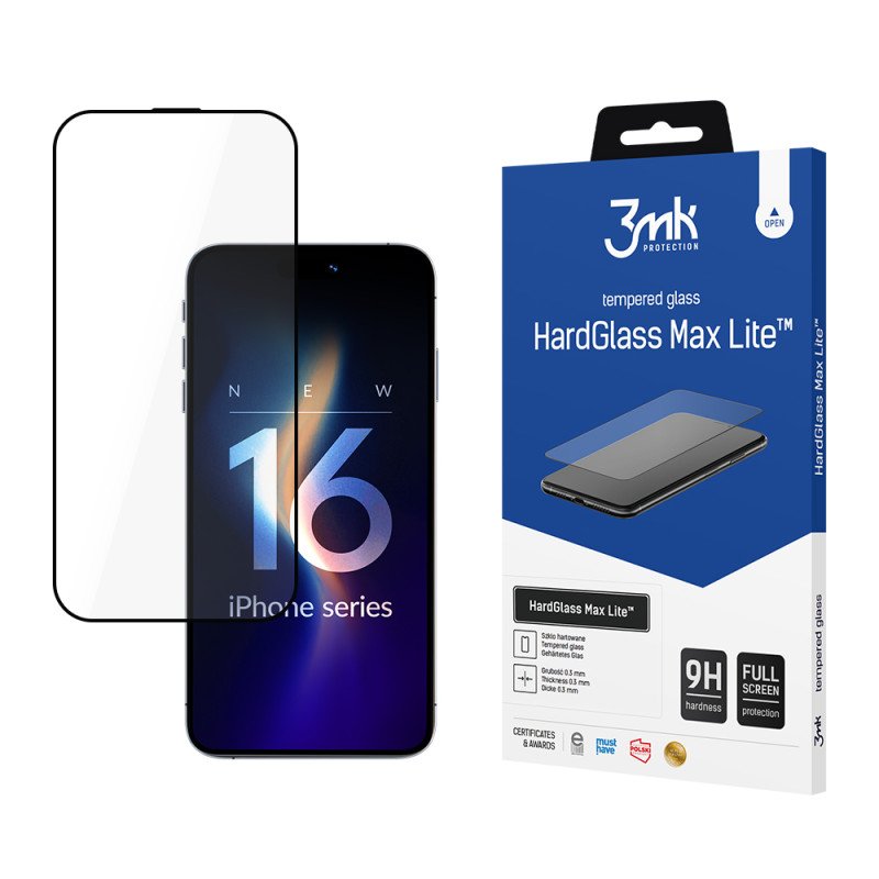 3mk HardGlass Max Lite grūdintas stiklas su juodu rėmeliu, skirtas iPhone 16 Pro Max