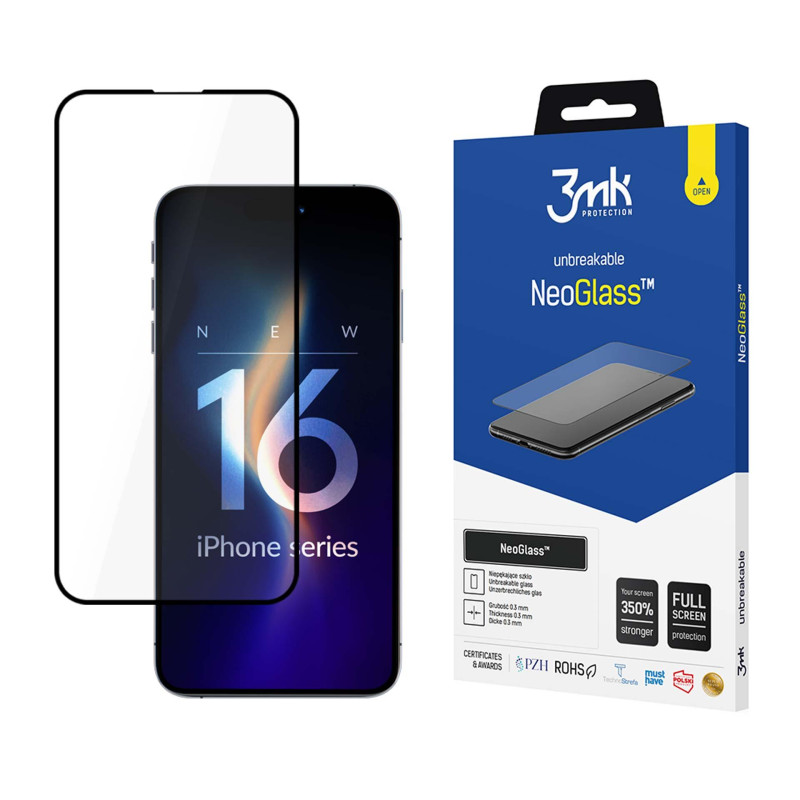 3mk NeoGlass grūdintas stiklas su juodu rėmeliu, skirtas iPhone 16