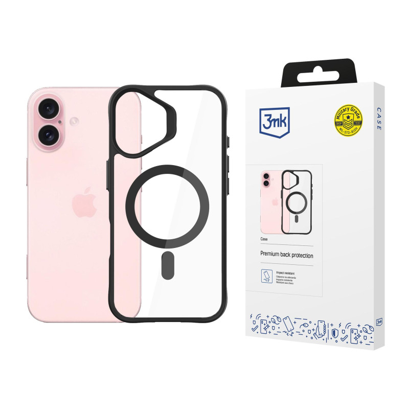 3mk Satin Armor MagCase dėklas su MagSafe iPhone 16 - skaidrus su juodu rėmeliu