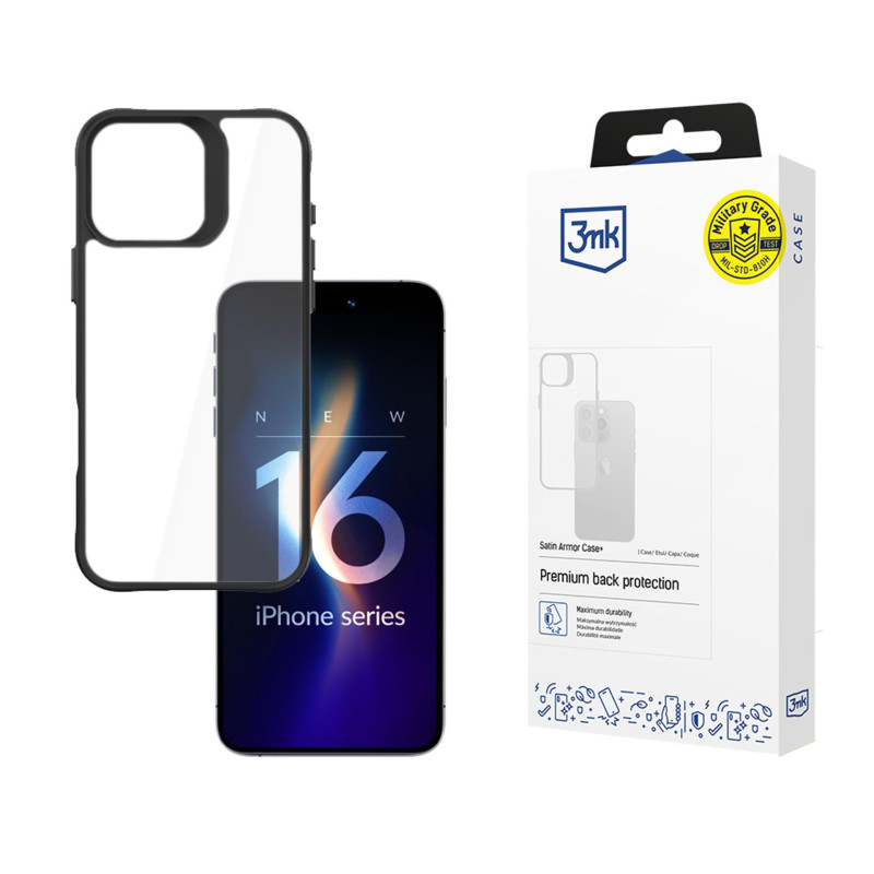 3mk Satin Armor Case+ dėklas, skirtas iPhone 16 Pro Max - skaidrus su juodu rėmeliu