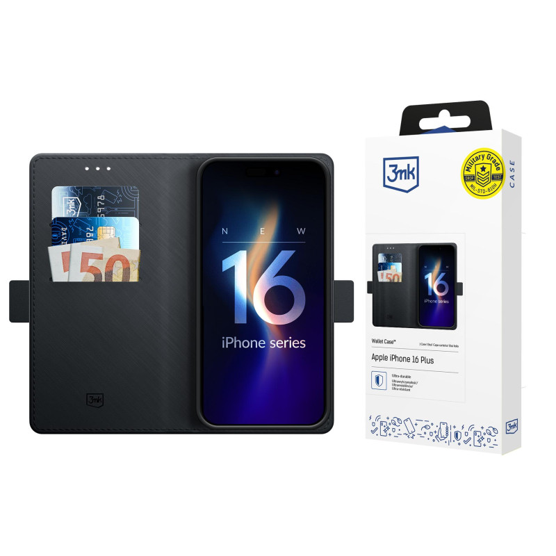 3mk piniginės dėklas, skirtas iPhone 16 Plus – juodas