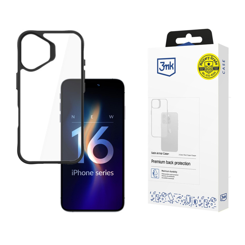 3mk Satin Armor Case+ dėklas iPhone 16 - skaidrus su juodu rėmeliu
