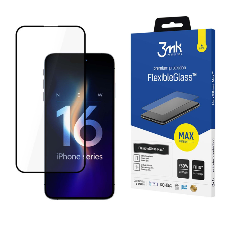 3mk FlexibleGlass Max grūdintas stiklas su juodu rėmeliu, skirtas iPhone 16