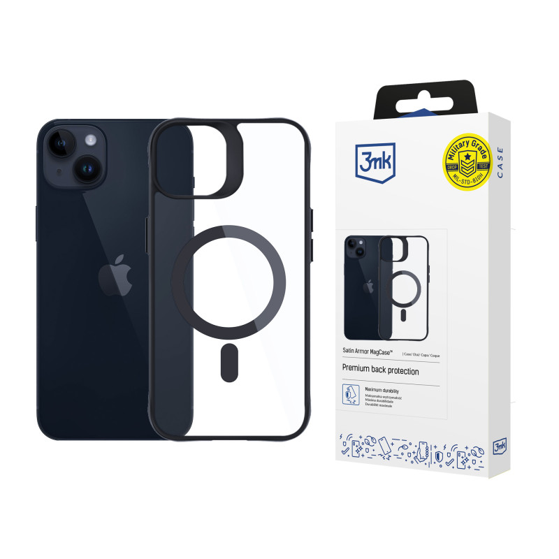 3mk Satin Armor MagCase dėklas su MagSafe, skirtas iPhone 14 Plus - skaidrus su juodu rėmeliu
