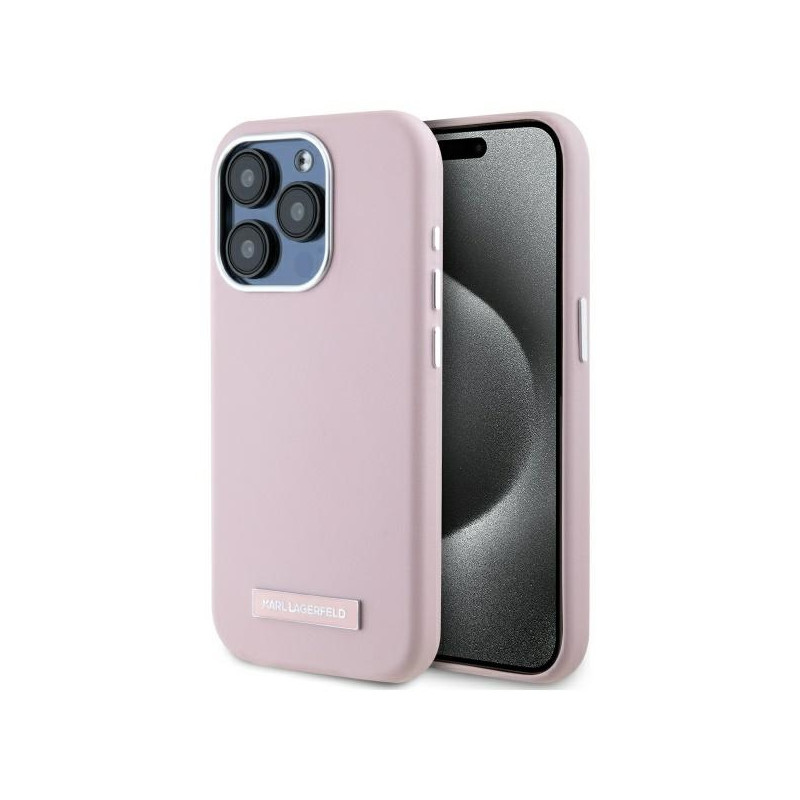Karl Lagerfeld FW Metal Plate MagSafe dėklas iPhone 15 Pro - rožinis