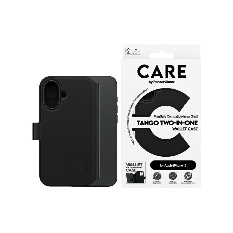 CARE by PanzerGlass Feature Tango 2in1 Wallet MagSafe dėklas, skirtas iPhone 16 - juodas