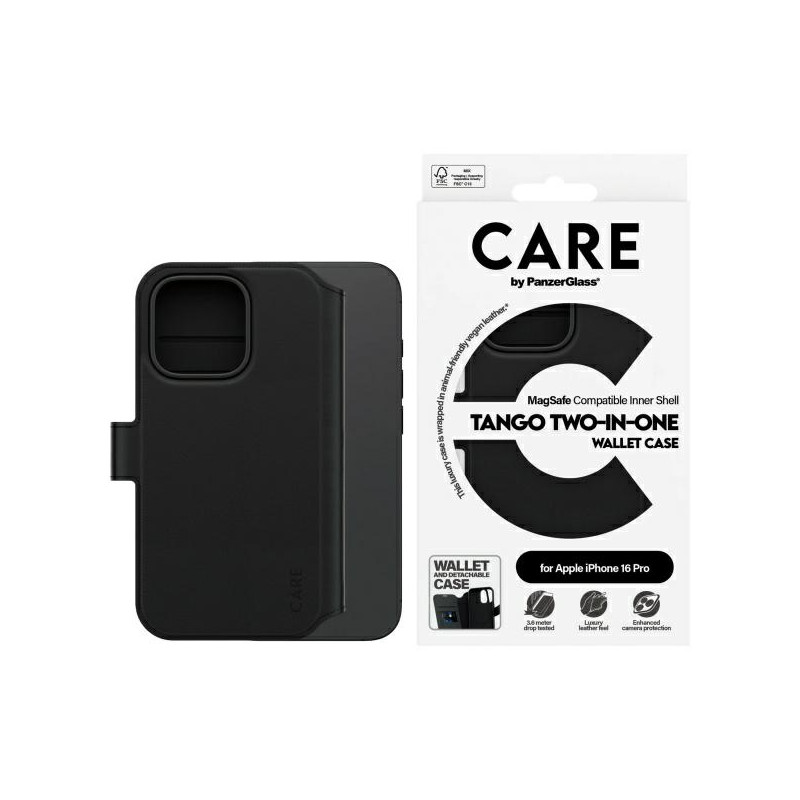 CARE by PanzerGlass Feature Tango 2in1 Wallet MagSafe dėklas, skirtas iPhone 16 Pro - juodas
