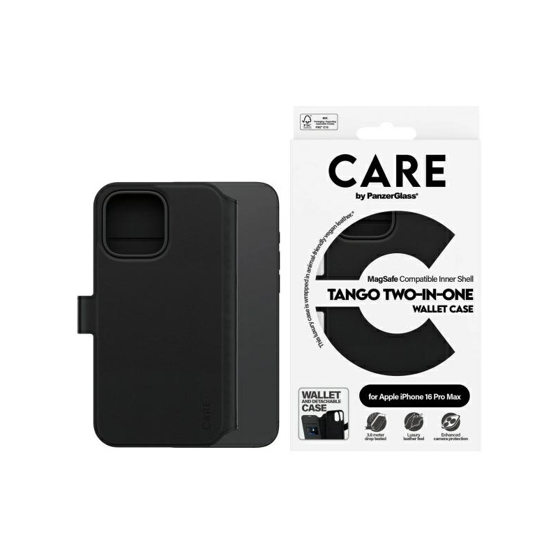 CARE by PanzerGlass Feature Tango 2in1 Wallet MagSafe dėklas, skirtas iPhone 16 Pro Max - juodas