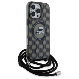 Karl Lagerfeld IML Crossbody Monogram Karl & Choupette Head MagSafe dėklas, skirtas iPhone 16 Pro – juodas