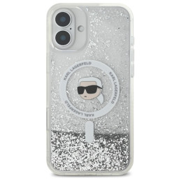 Karl Lagerfeld Liquid Glitter Karl Head Magsafe dėklas skirtas iPhone 16 Plus - skaidrus