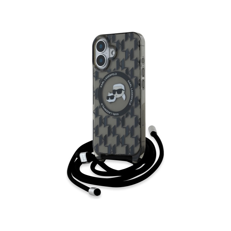 Karl Lagerfeld IML Crossbody Monogram Karl & Choupette Head MagSafe dėklas, skirtas iPhone 16 - juodas