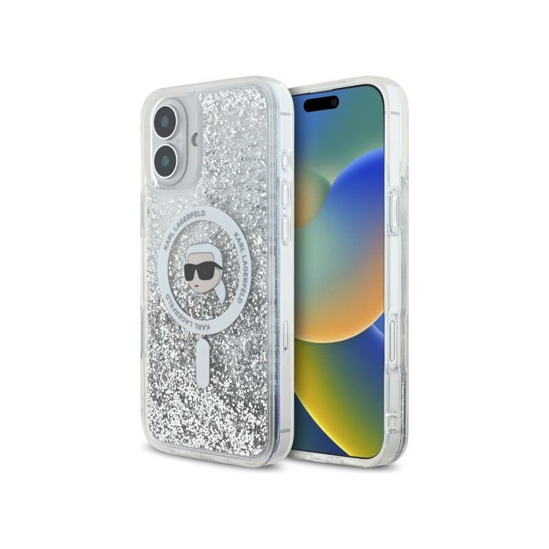 Karl Lagerfeld Liquid Glitter Karl Head Magsafe dėklas iPhone 16 - skaidrus
