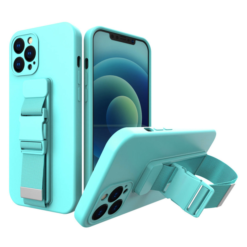 Virvės dėklas gelio dėklas su dirželiu grandinės rankinė dirželis iPhone 12 Pro Max šviesiai mėlynas