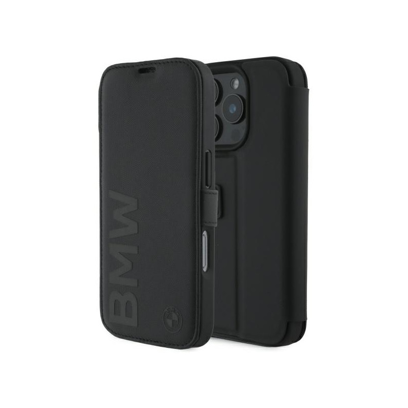 BMW Signature Leather Wordmark dėklas, skirtas iPhone 16 Pro Max - juodas