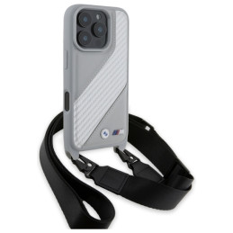 BMW M Edition Carbon Stripe & Strap dėklas iPhone 16 Pro - pilkas
