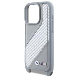 BMW M Edition Carbon Stripe & Strap dėklas iPhone 16 Pro - pilkas