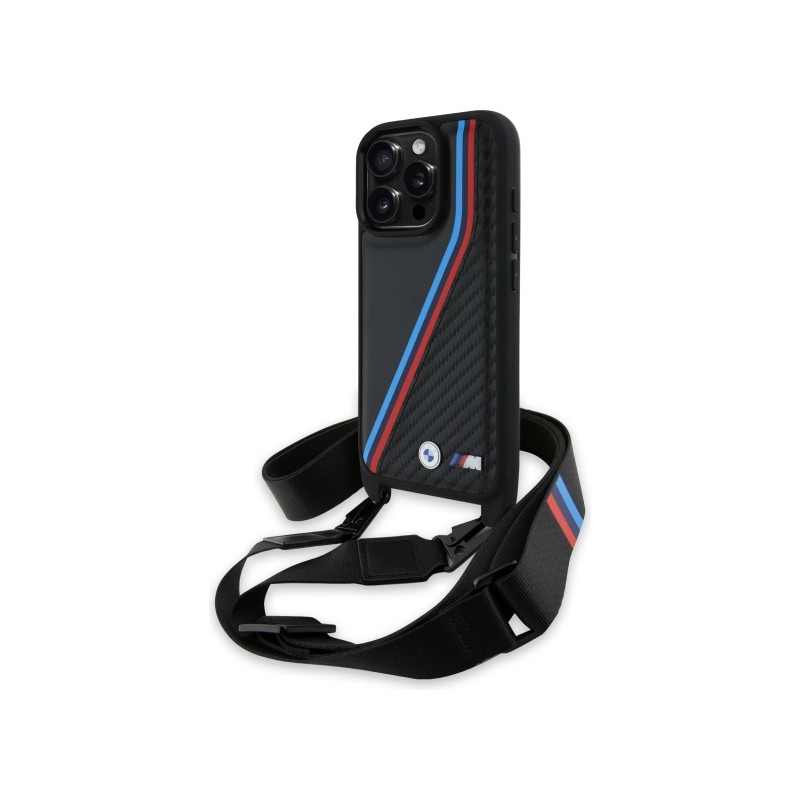 BMW M Edition Carbon Tricolor Lines & Strap dėklas iPhone 16 Pro - juodas