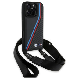 BMW M Edition Carbon Tricolor Lines & Strap dėklas iPhone 16 Pro - juodas
