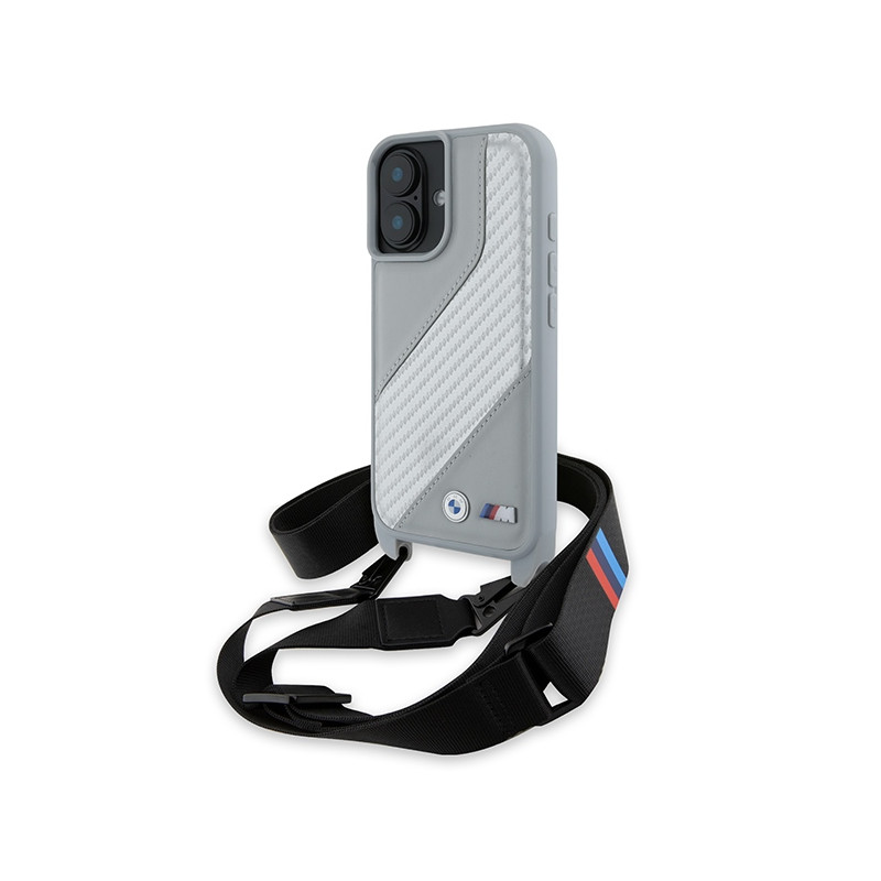 BMW M Edition Carbon Stripe & Strap dėklas iPhone 16 - pilkas