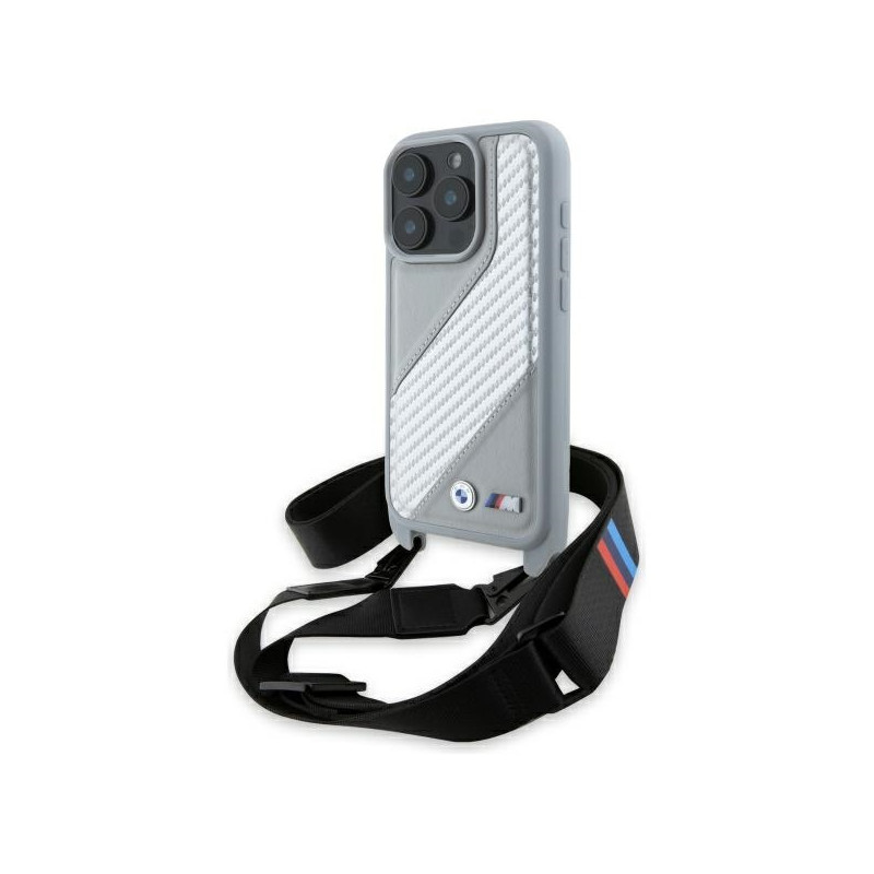 BMW M Edition Carbon Stripe & Strap dėklas iPhone 16 Pro Max - pilkas