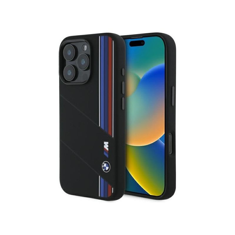 BMW Silicone Cut Tricolor Lines MagSafe dėklas iPhone 16 Pro - juodas
