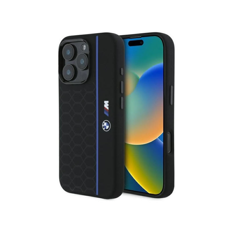 BMW Silicone Hexagon Blue Line MagSafe dėklas iPhone 16 Pro - juodas