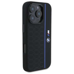 BMW Silicone Hexagon Blue Line MagSafe dėklas iPhone 16 Pro - juodas