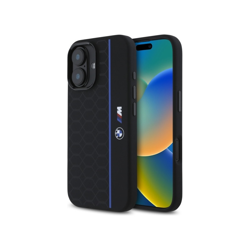 BMW Silicone Hexagon Blue Line MagSafe dėklas iPhone 16 - juodas