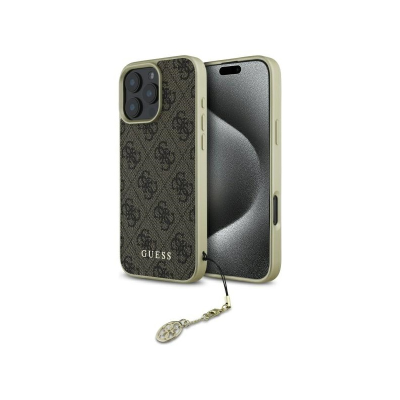 Guess 4G Charms Collection dėklas, skirtas iPhone 16 Pro - rudas