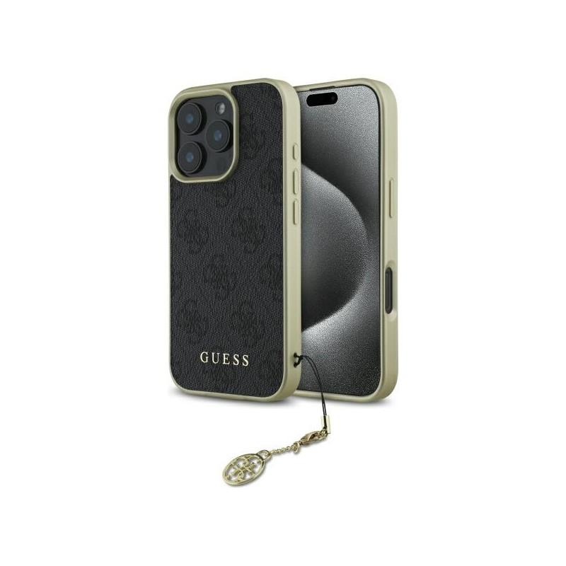 Guess 4G Charms Collection dėklas, skirtas iPhone 16 Pro - juodas