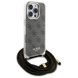 Guess Crossbody Cord 4G Print dėklas, skirtas iPhone 16 Pro - rudas
