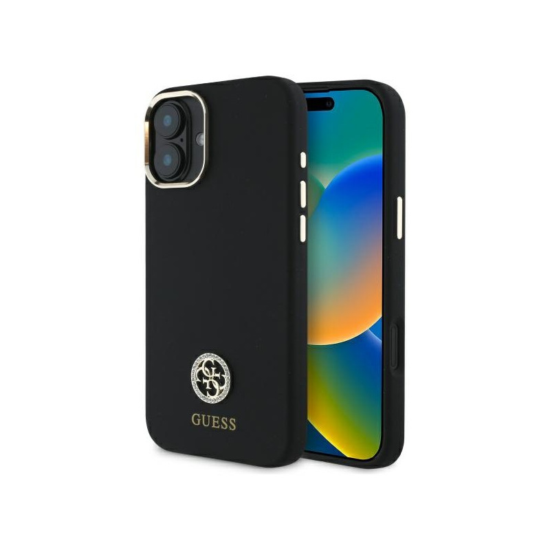 Guess Silicone Logo Strass 4G dėklas iPhone 16 - juodas