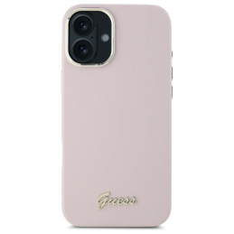Guess Silicone Script Metal Logo & Frame dėklas iPhone 16 - rožinis