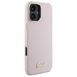 Guess Silicone Script Metal Logo & Frame dėklas iPhone 16 - rožinis