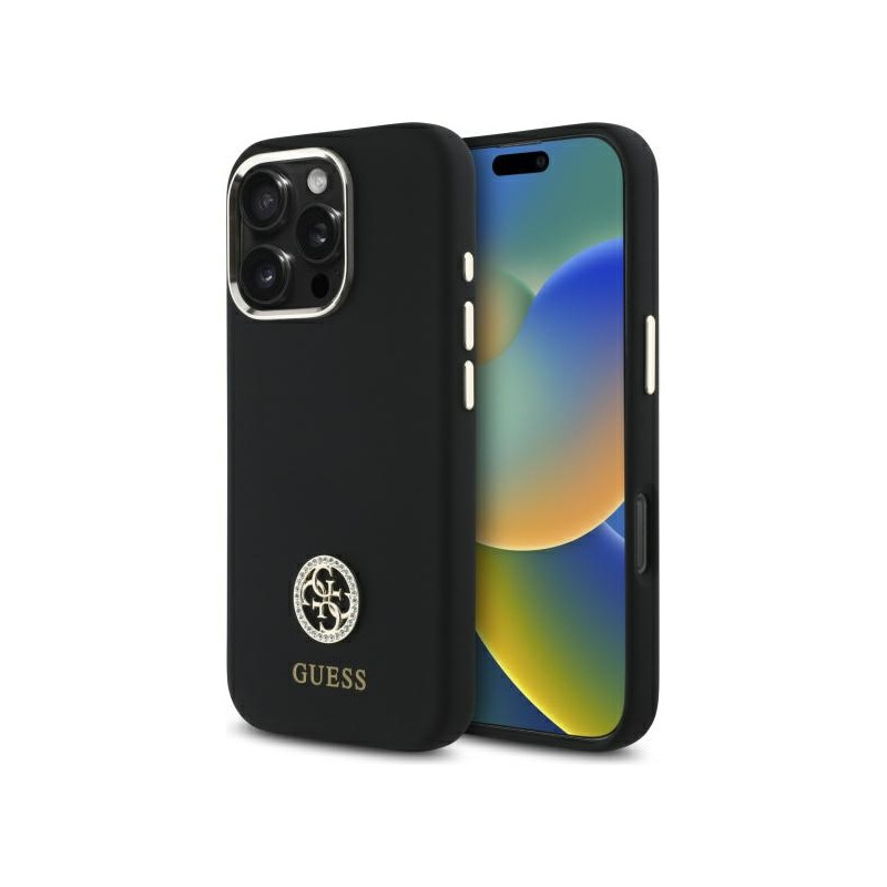 Guess Silicone Logo Strass 4G dėklas, skirtas iPhone 16 Pro Max - juodas
