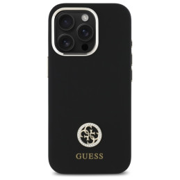 Guess Silicone Logo Strass 4G dėklas, skirtas iPhone 16 Pro Max - juodas