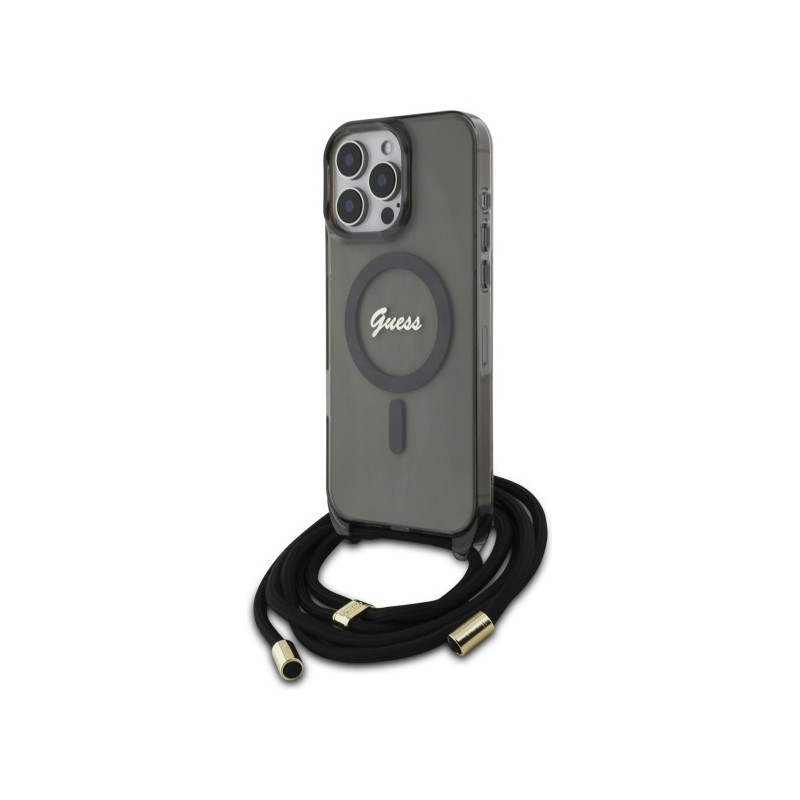 Guess Crossbody Cord Script MagSafe dėklas iPhone 16 Pro - juodas