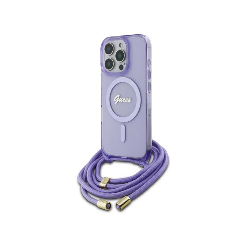 Guess Crossbody Cord Script MagSafe dėklas, skirtas iPhone 16 Pro - violetinė