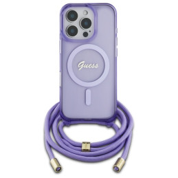 Guess Crossbody Cord Script MagSafe dėklas, skirtas iPhone 16 Pro - violetinė