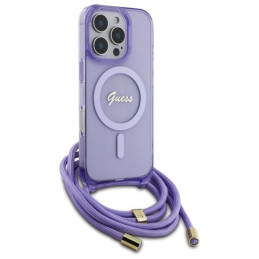 Guess Crossbody Cord Script MagSafe dėklas, skirtas iPhone 16 Pro - violetinė
