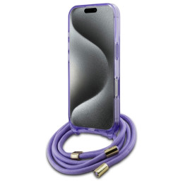 Guess Crossbody Cord Script MagSafe dėklas, skirtas iPhone 16 Pro - violetinė